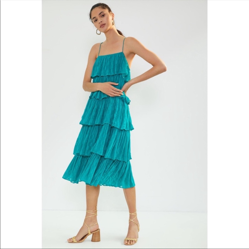 Anthropologie Tiered Ruffled Midi Dress Metallic Summer Layered Blue/Green New M
